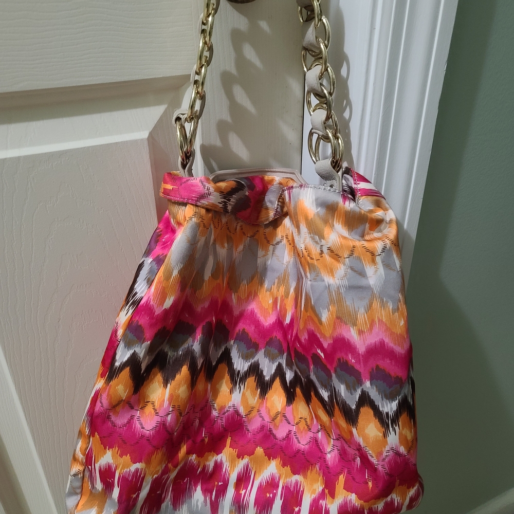 Big Buddha Pink, Orange & Gray Patterned Shoulder Bag with Gold Chain